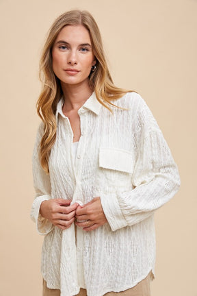 Basic Beauty Openwork Button Down Drop Shoulder Shirt