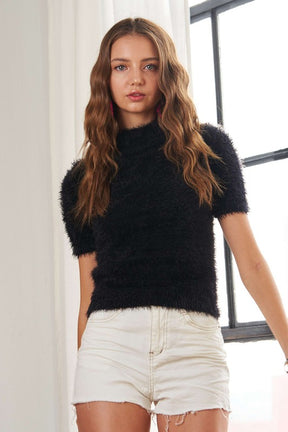 Classic Beauty Fuzzy Mock Neck Short Sleeve Sweater