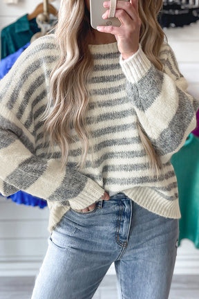 Cozy Moments Gray Striped  Sweater Top