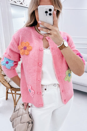 Living In A Floral Paradise Pink Cute Knitted Floral Cardigan