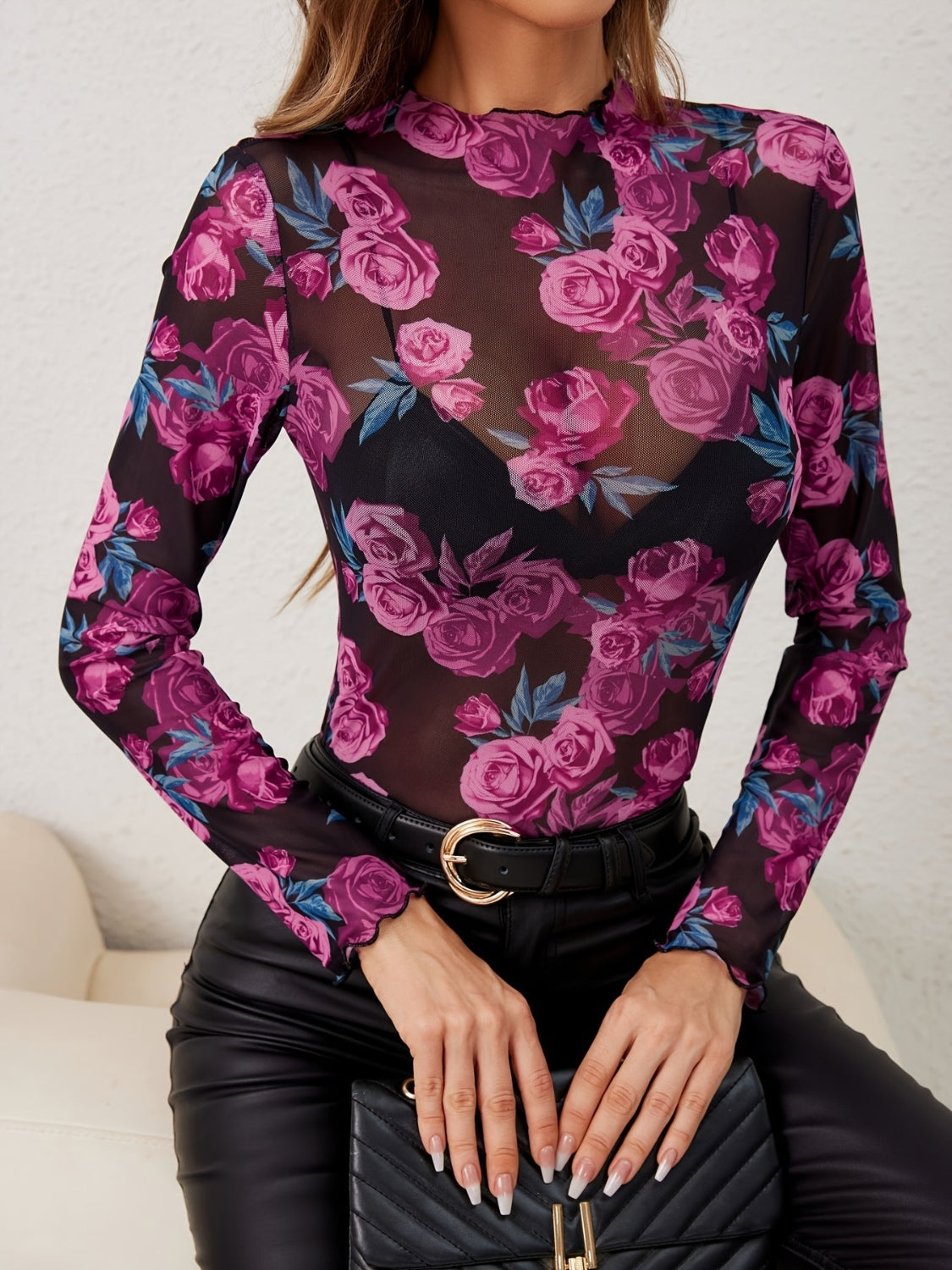 Sheer Sensation Floral Mock Neck Long Sleeve Top