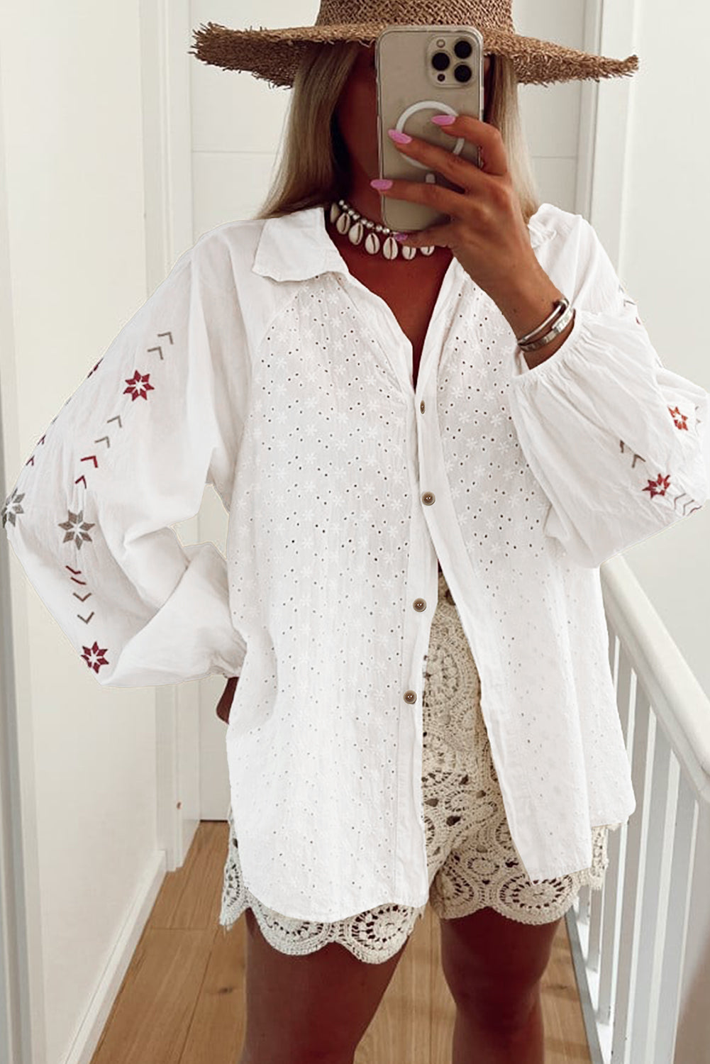 Chic And Sleek Floral Embroidered Puff Sleeve Eyelet Patchwork Top