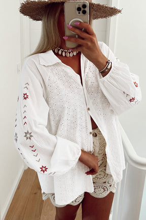 Chic And Sleek Floral Embroidered Puff Sleeve Eyelet Patchwork Top