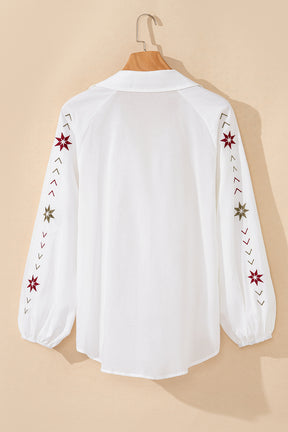 Chic And Sleek Floral Embroidered Puff Sleeve Eyelet Patchwork Top