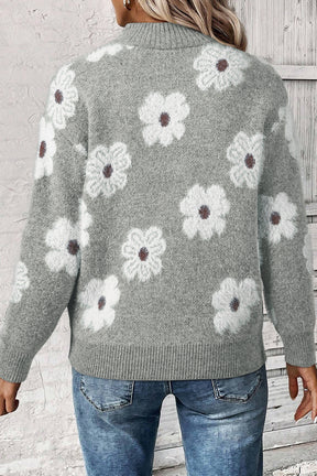 I've Got The Flower Gray Floral Half Zip Sweater