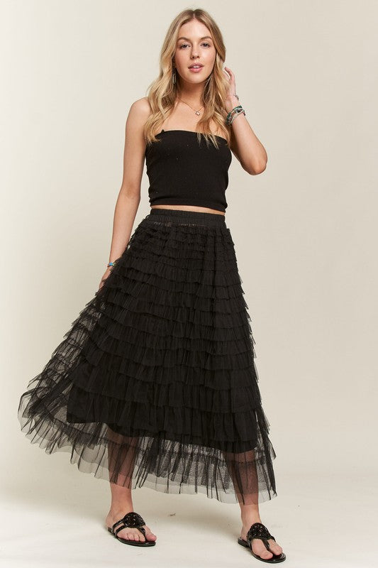 Swinging Left and Right  Elastic Waist Layered Mesh Midi Skirt