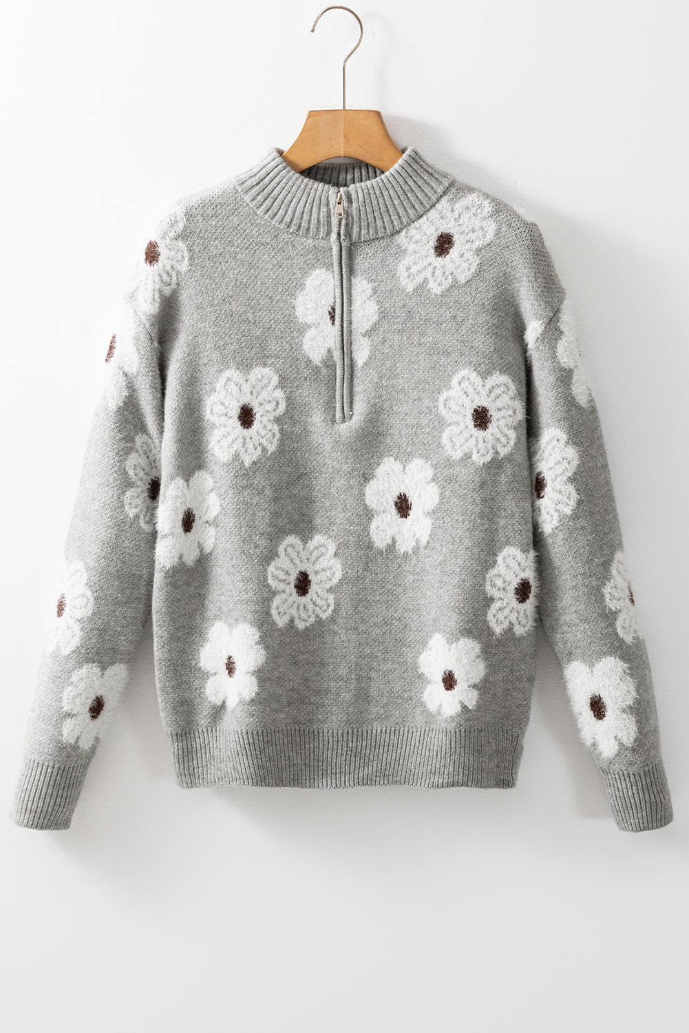 I've Got The Flower Gray Floral Half Zip Sweater