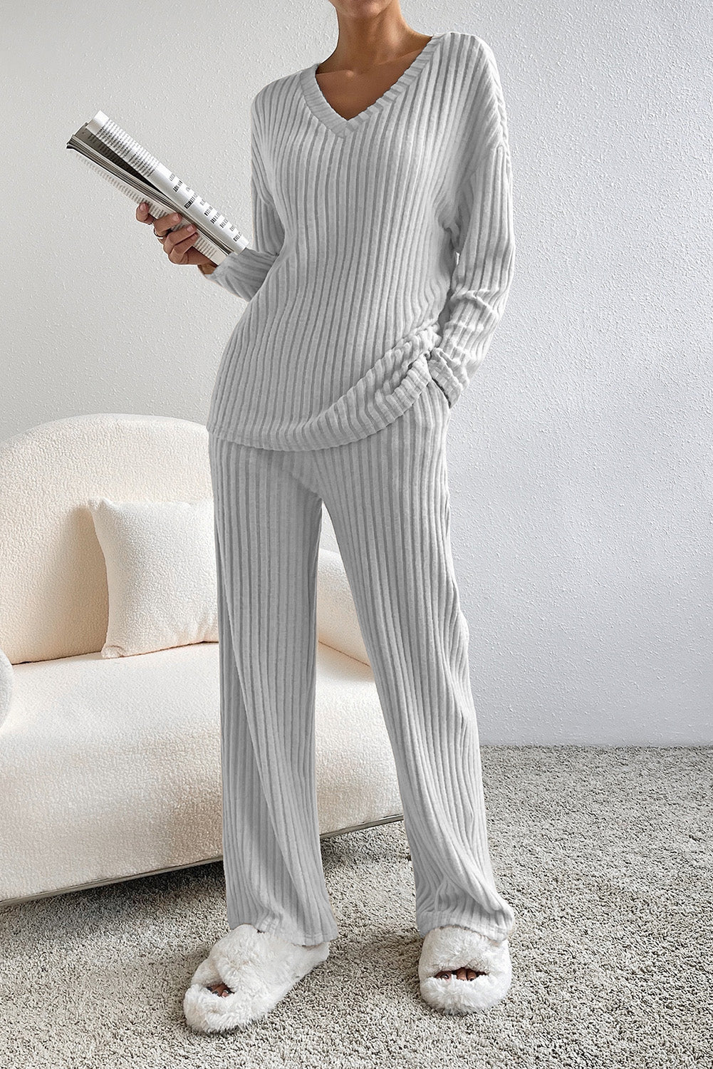 Lounge Mode Grey Ribbed Slouchy Two-piece Set