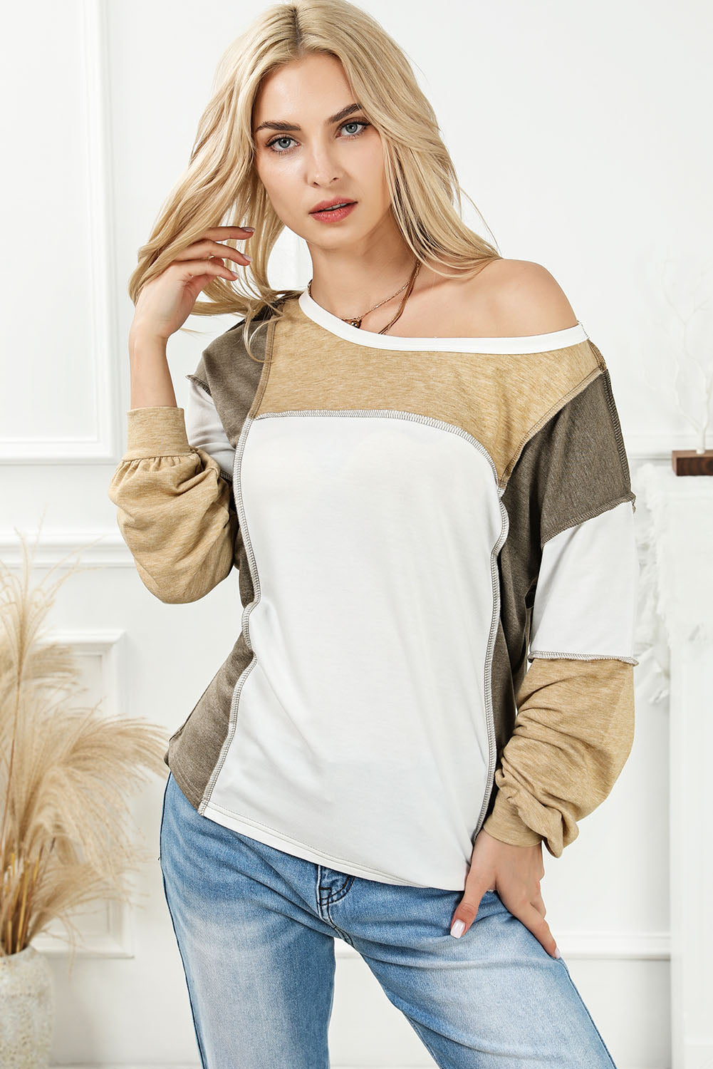 Never Backing Down Khaki Color Block Patchwork Top