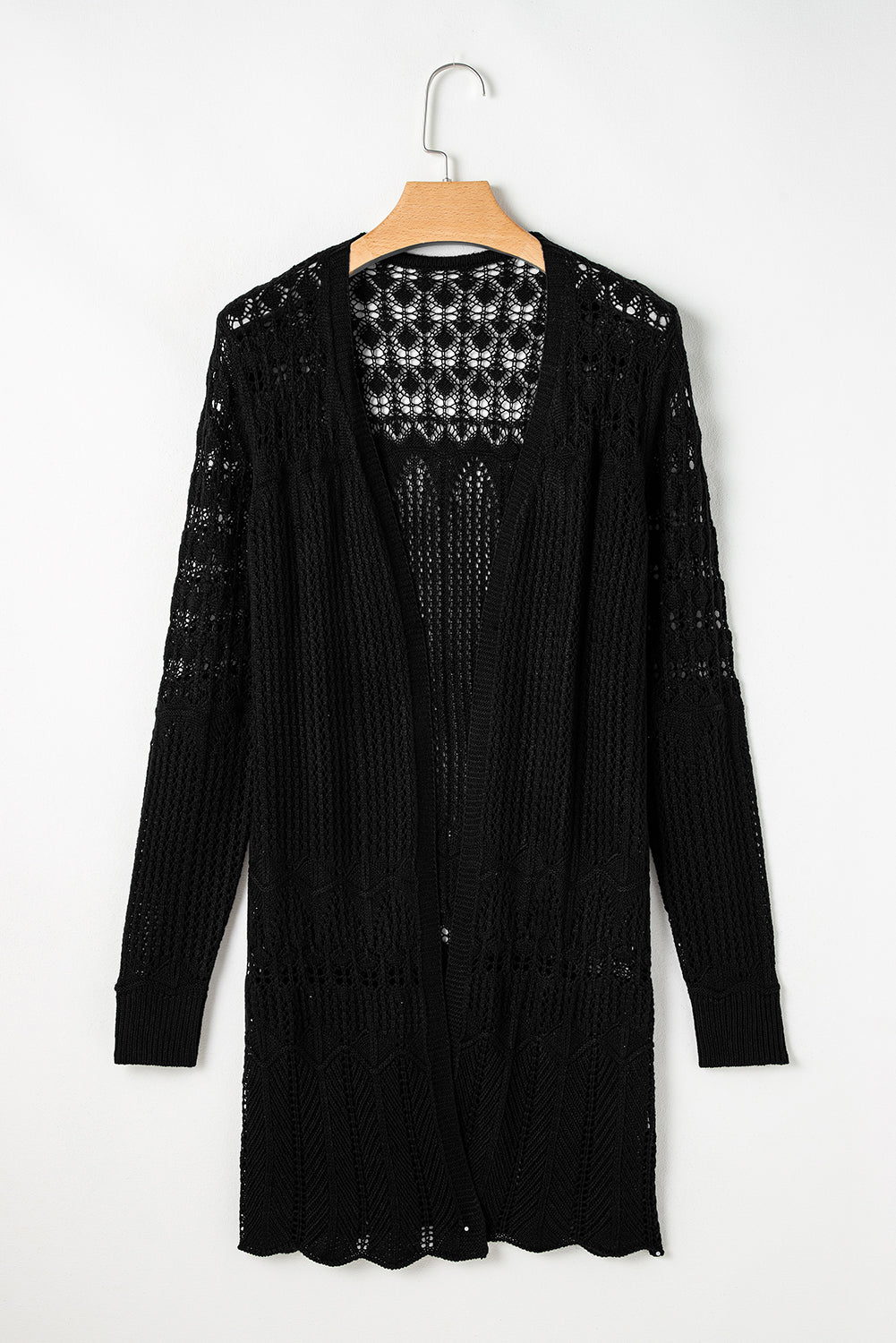 Woven Whispers Black Hollow Out Open Front Cardigan