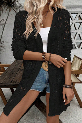 Woven Whispers Black Hollow Out Open Front Cardigan