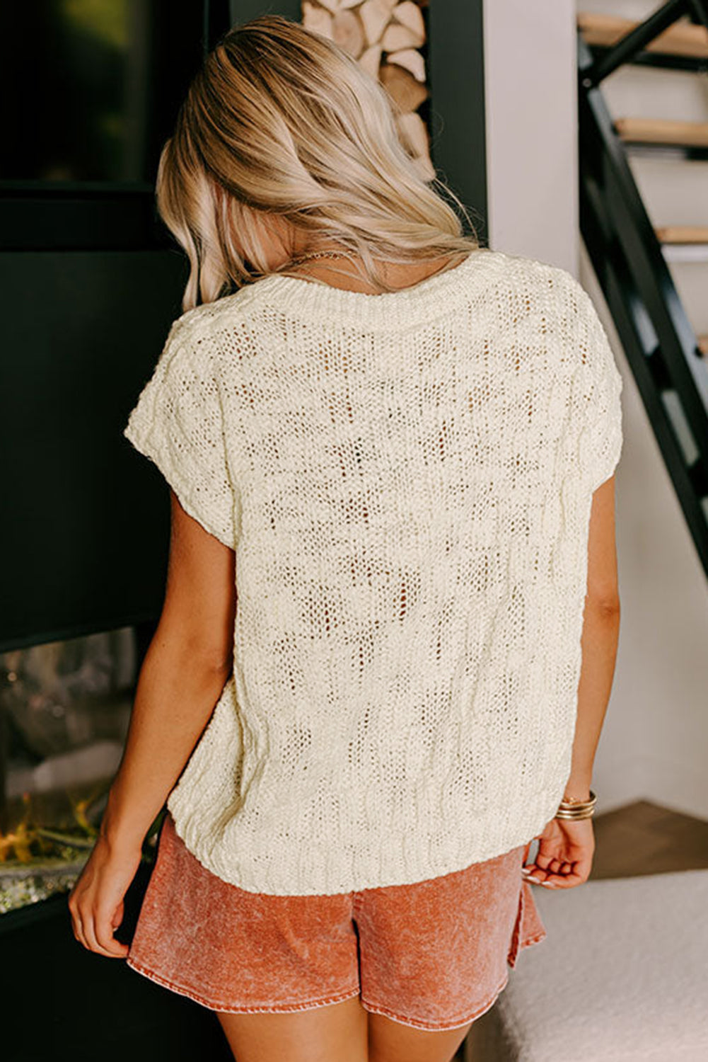 Casual Beauty Beige  V Neck Short Sleeve Sweater