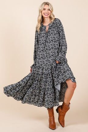 Flowing Flowers Tie Neck Flounce Sleeve Dark Navy Midi Dress - D55596NV