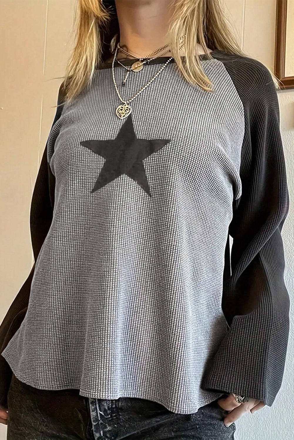 Waffle Knit Star Patch Graphic Raglan Top