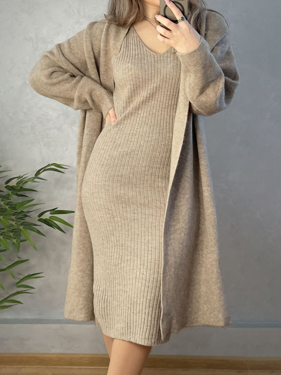 Classy Couture V-Neck Cami Dress and Open Front Cardigan Sweater Set