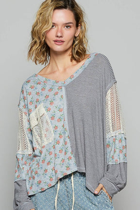 Playful In Floral Charcoal Crochet Patch V-Neck Top