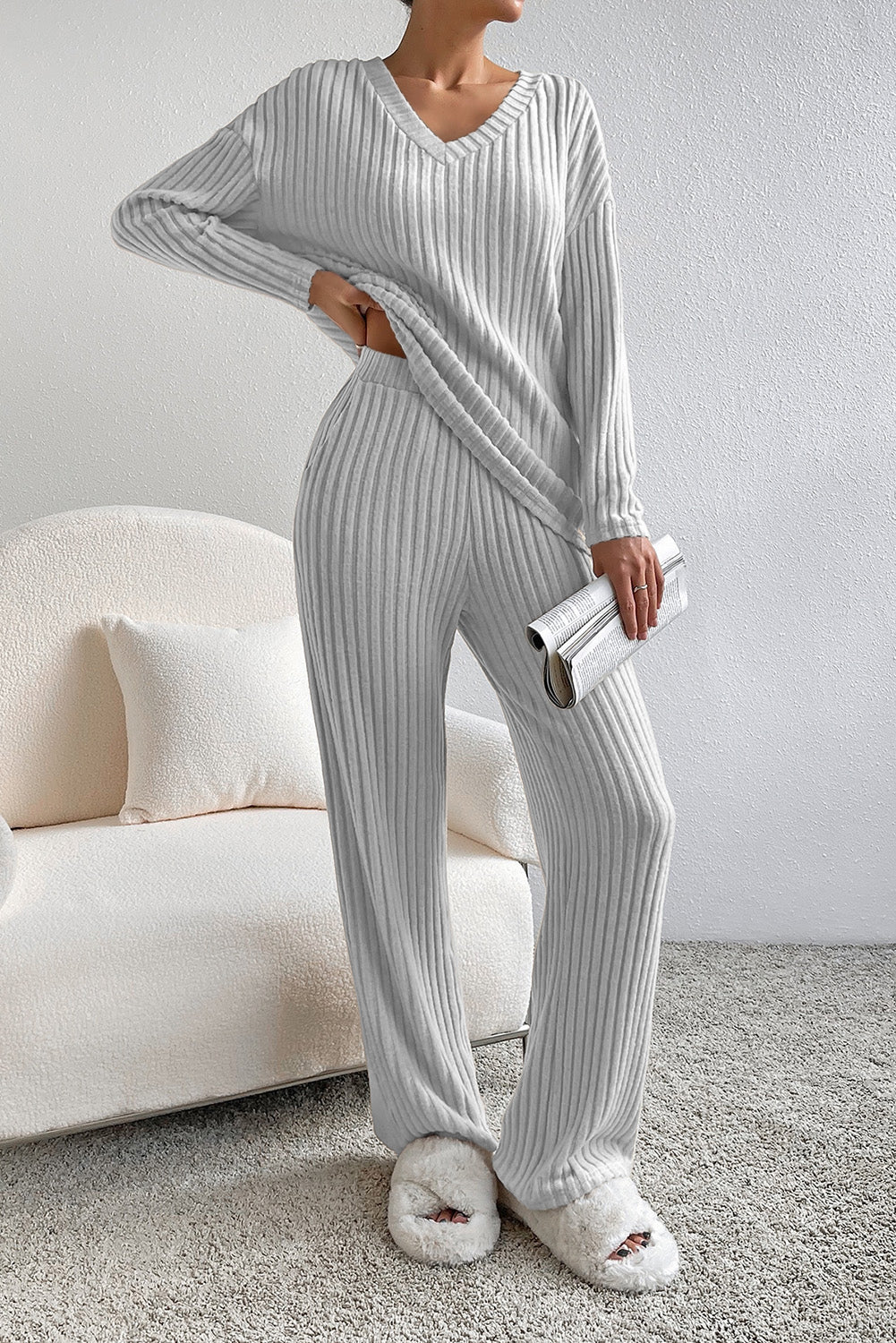 Lounge Mode Grey Ribbed Slouchy Two-piece Set