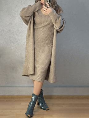 Classy Couture V-Neck Cami Dress and Open Front Cardigan Sweater Set