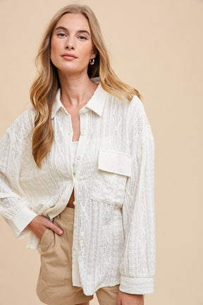 Basic Beauty Openwork Button Down Drop Shoulder Shirt