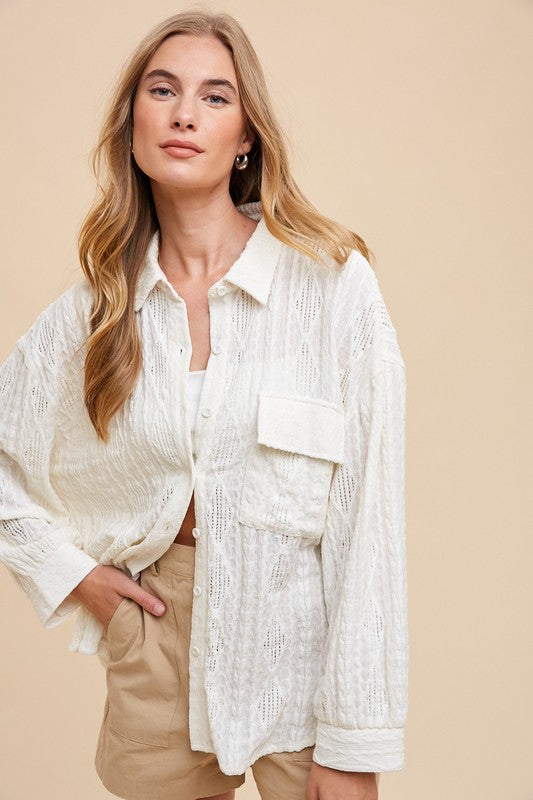 Basic Beauty Openwork Button Down Drop Shoulder Shirt