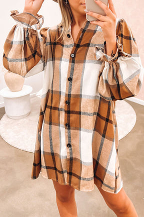 Boldly Plaid Khaki Plaid Pattern Collared Neck Ruffled Sleeve Shirt Dress