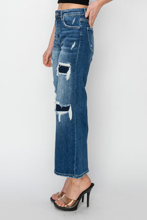 Jordan High Rise Patch Detailed Wide Leg Crop Jeans