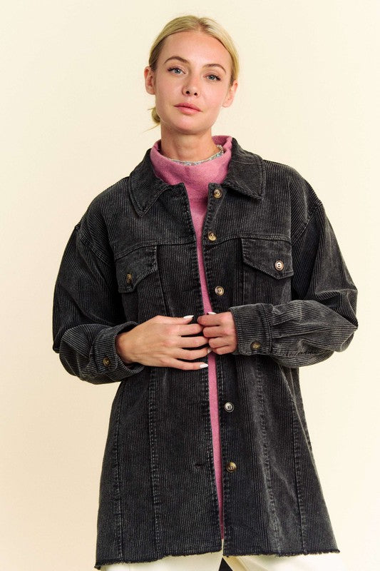 Cool & Cozy Davi & Dani Washed Corduroy Raw Hem Button Up Jacket