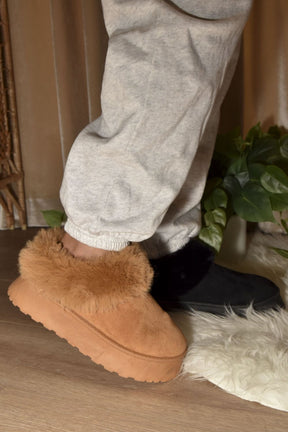 Warm And Fuzzy Camel Faux-Fur Platform Slip On Booties