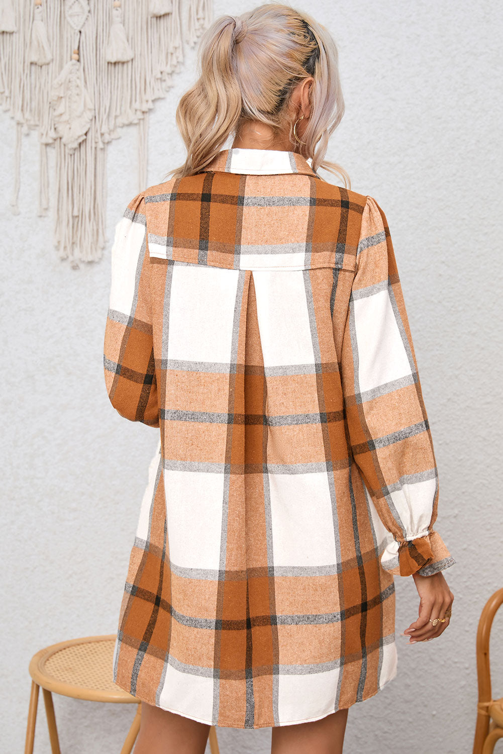 Boldly Plaid Khaki Plaid Pattern Collared Neck Ruffled Sleeve Shirt Dress