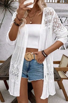 Woven Whispers White Hollow Out Open Front Cardigan