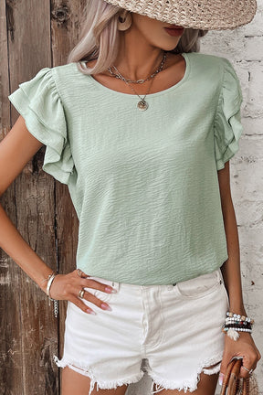 Aqua- Fresh Solid Color Ruffled Short Sleeve Casual Blouse