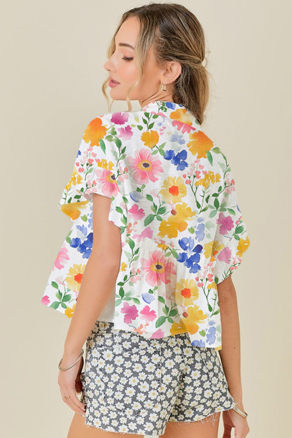 The Floral Edit Yellow Ruffled Sleeve V Neck Top