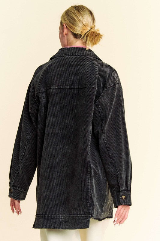 Cool & Cozy Davi & Dani Washed Corduroy Raw Hem Button Up Jacket