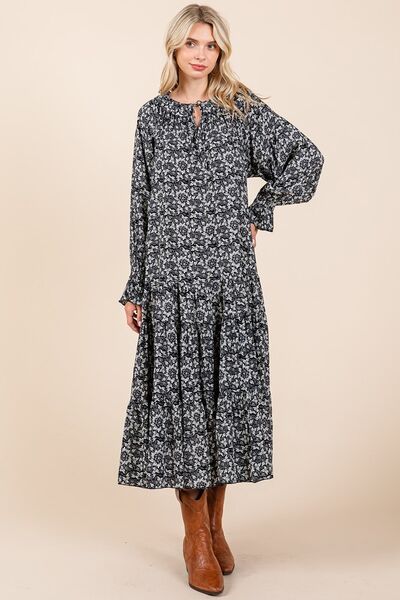 Flowing Flowers Tie Neck Flounce Sleeve Dark Navy Midi Dress - D55596NV