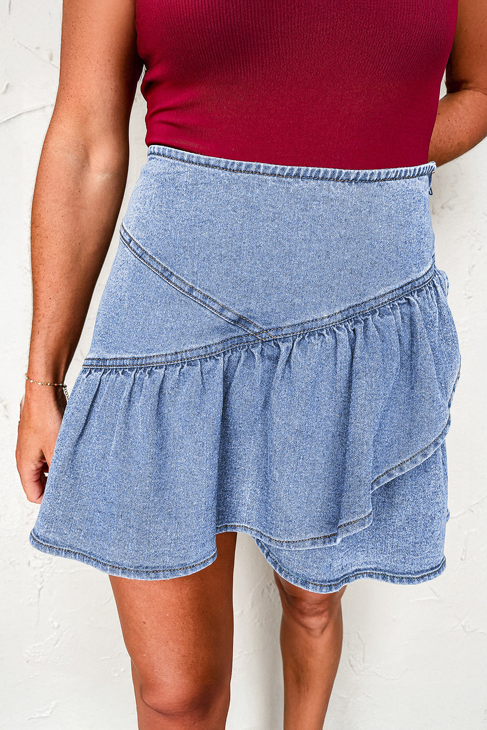 Distressed Diva Asymmetric Ruffle Overlay Denim Mini Skirt