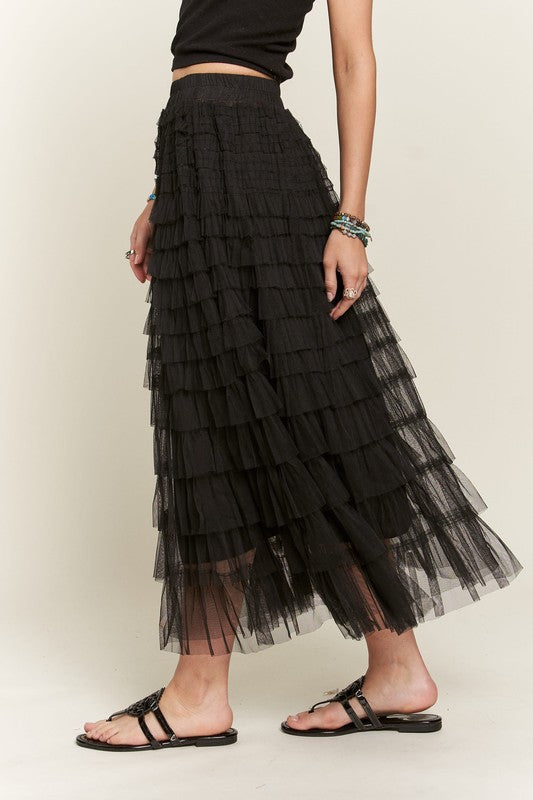 Swinging Left and Right  Elastic Waist Layered Mesh Midi Skirt