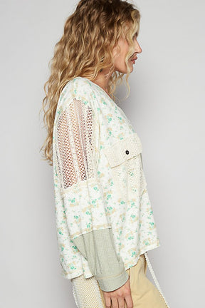 Playful In Floral Sage Crochet Patch V-Neck Top