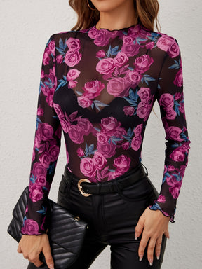 Sheer Sensation Floral Mock Neck Long Sleeve Top