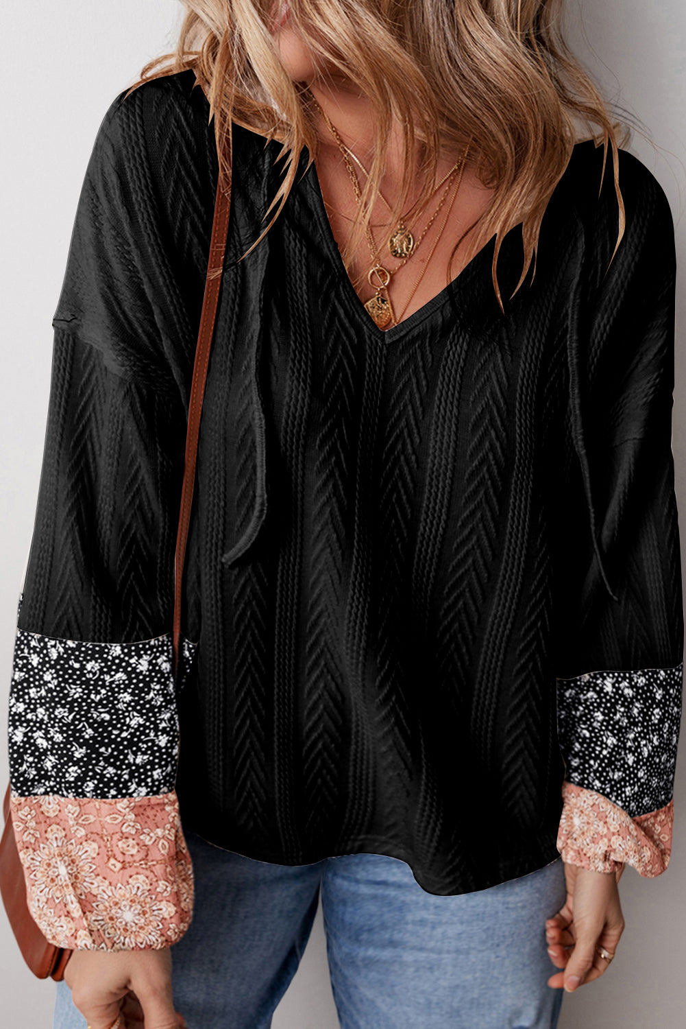 Patch Perfect Black Floral Patchwork V Neck Blouse