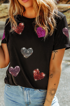 Her Heart Shines Bright Black Sequins/Heart Printed Top