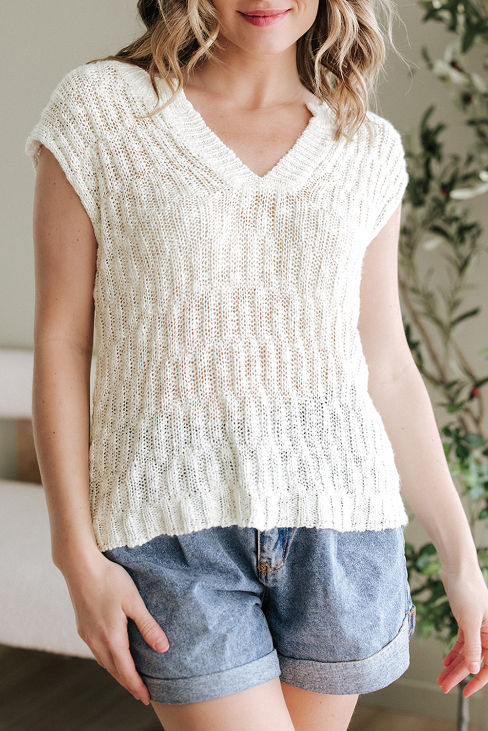 Casual Beauty Beige  V Neck Short Sleeve Sweater