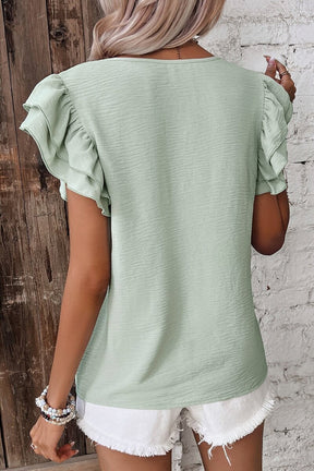 Aqua- Fresh Solid Color Ruffled Short Sleeve Casual Blouse