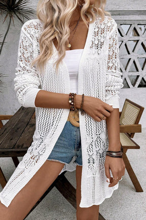 Woven Whispers White Hollow Out Open Front Cardigan