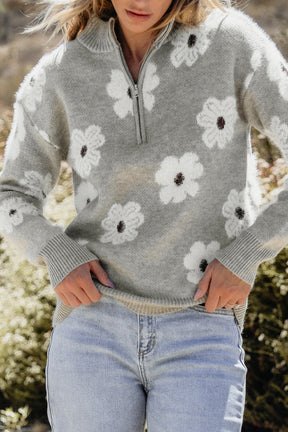 I've Got The Flower Gray Floral Half Zip Sweater