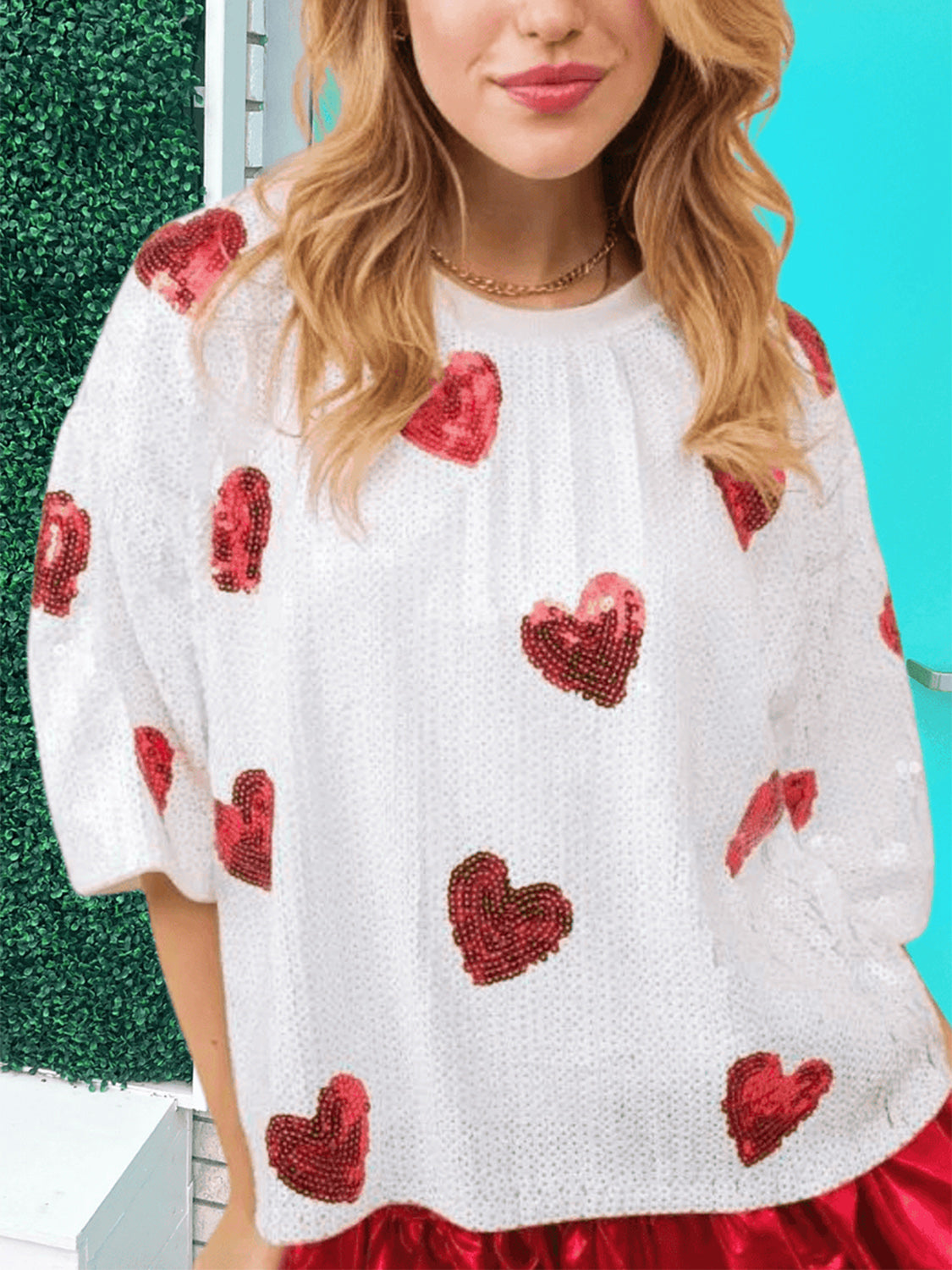 Valentine’s Day Sequin Heart Round Neck Half Sleeve Top (2 Colors)