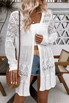 Woven Whispers White Hollow Out Open Front Cardigan