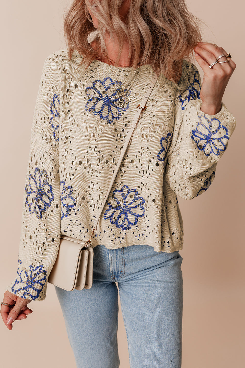 Wishing For This Beige Floral Print Sweater top