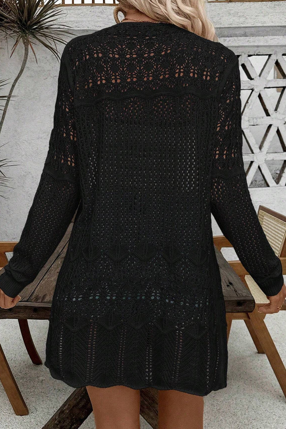 Woven Whispers Black Hollow Out Open Front Cardigan