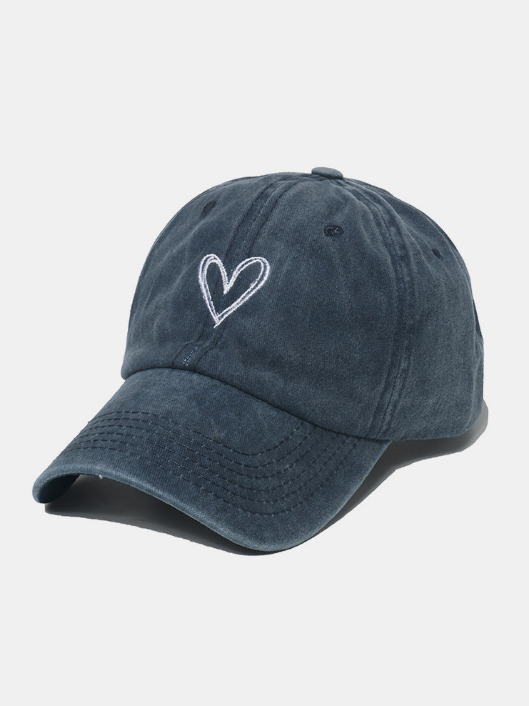 Embroidered Heart Washed Cotton Baseball Cap (6 Colors)