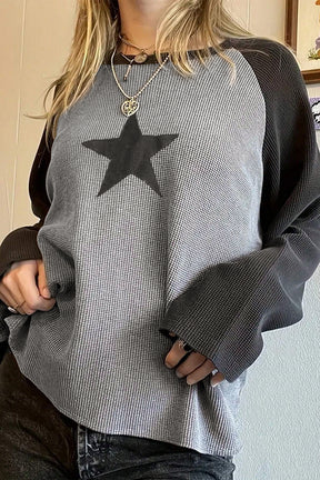 Waffle Knit Star Patch Graphic Raglan Top